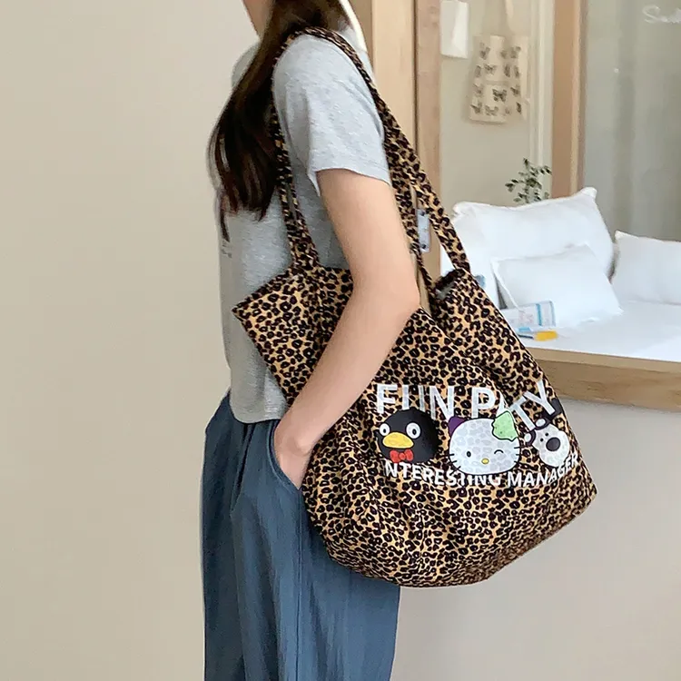 休闲印花豹纹公主风托特包简约韩版网红百搭灯芯绒单肩包学生