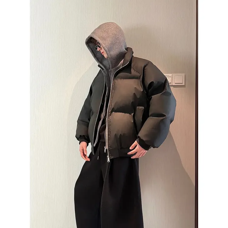 HN潮牌-【假两件】冬季连帽PU皮双拉链加厚棉服男宽松保暖百搭棉衣