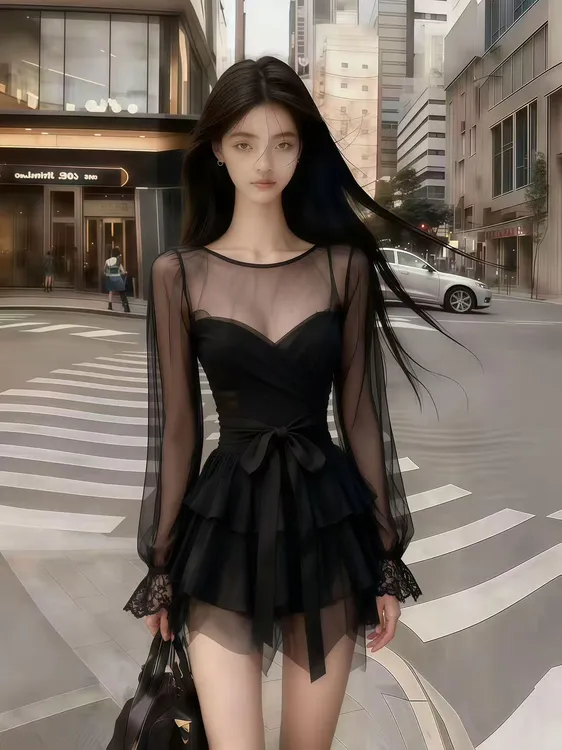 长袖连衣裙2025年秋季修身黑色设计感蕾丝裙修身显瘦气质蕾丝