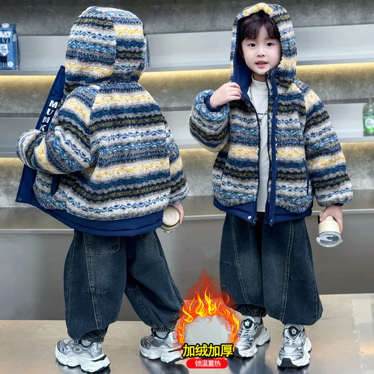 男童加绒外套秋冬2025新款儿童韩版男童拼色字母加绒印花毛毛衣