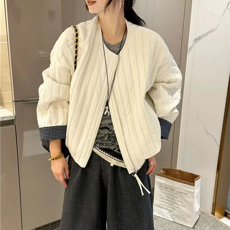 拼接撞色圆领夹棉短款外套女小个子早春秋条纹袖轻薄夹克开衫棉服