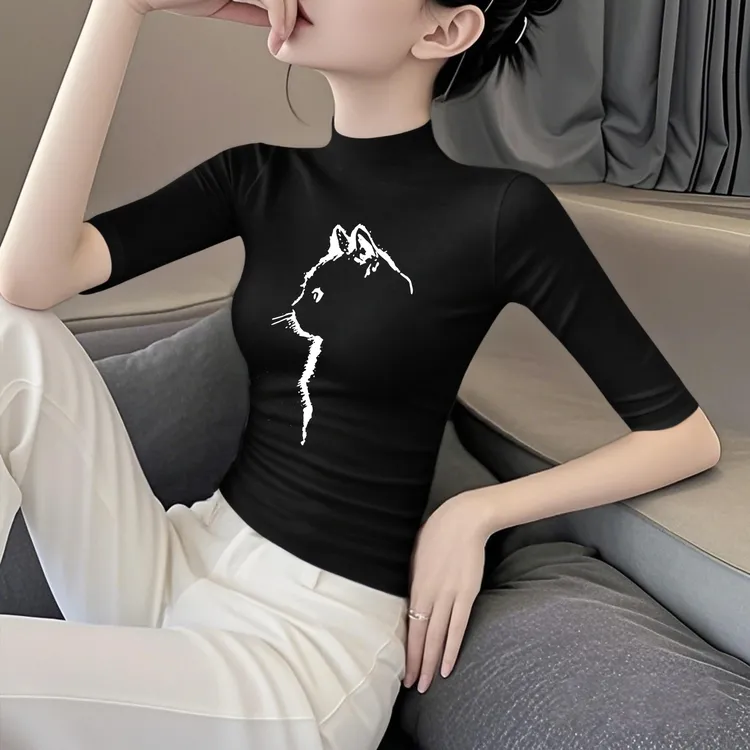 2025秋冬新款莫代尔半高领中袖t恤女五分袖百搭猫咪印花半袖上衣