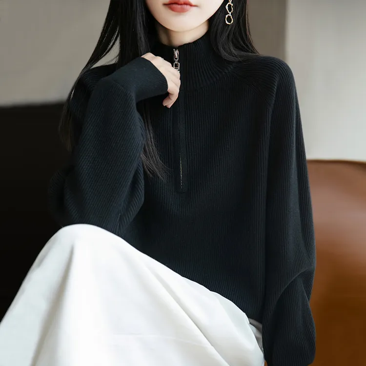 鄂尔多市产纯100羊毛衫女秋冬新款拉链高领黑色毛衣内搭打底衫女