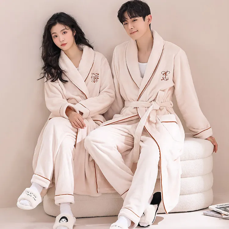 睡袍秋冬长款法兰绒加绒加厚情侣浴袍睡衣冬季家居服