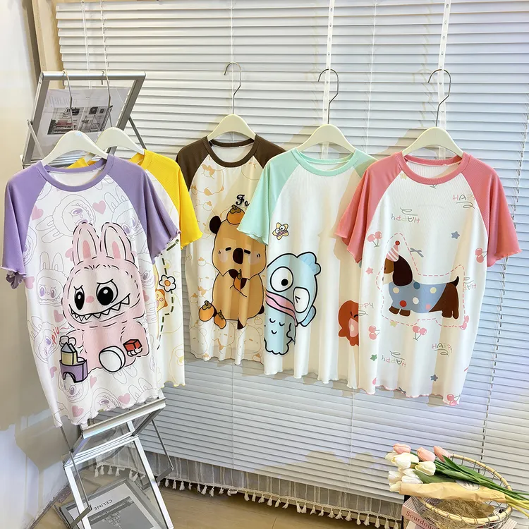 【LABUBU】夏季新款儿童插肩卡通睡裙女童宝宝连体薄款家居服短袖