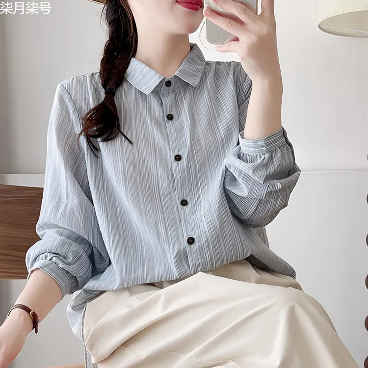 条纹防晒复古长袖衬衫春秋时尚减龄休闲文艺气质显瘦宽松衬衣上衣