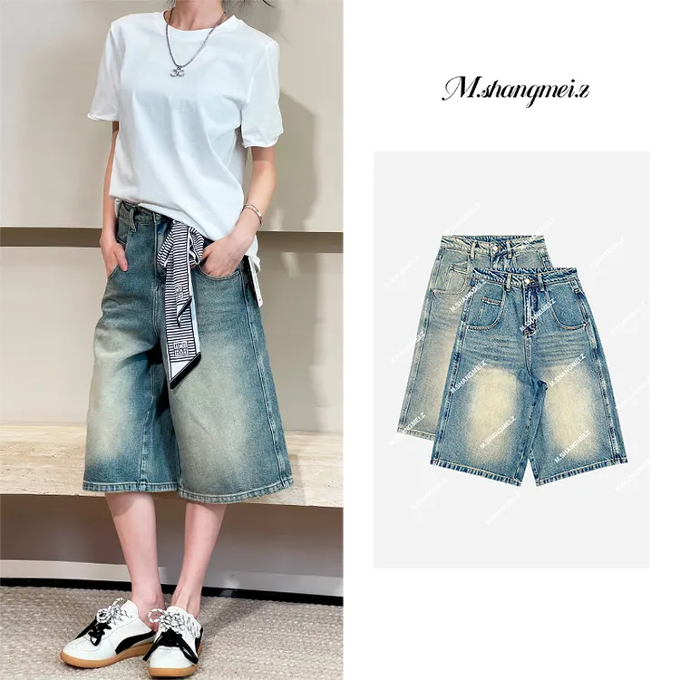 M.SHANGMEI.Z/沐熙【五分做旧】美大哥夏季复古休闲牛仔中裤X032239