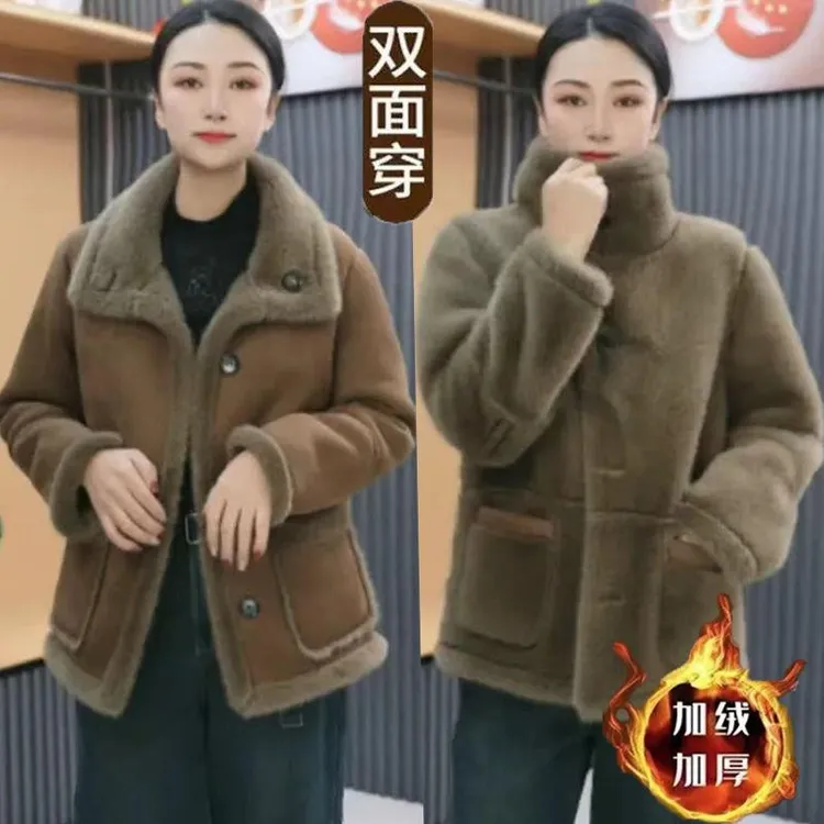 秋冬新款时尚皮毛一体双面穿加厚外套女士潮流百搭宽松防寒短大衣