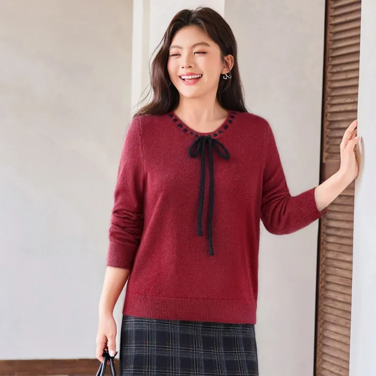 【18支北极绒】MsShe大码女装2025冬撞色蝴蝶结针织毛衣S2510012