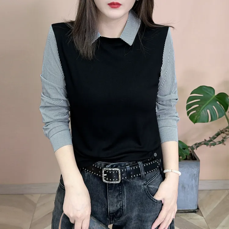 2025秋季新品时尚百搭修身显瘦洋气衬衫领假两件女士长袖上衣8186