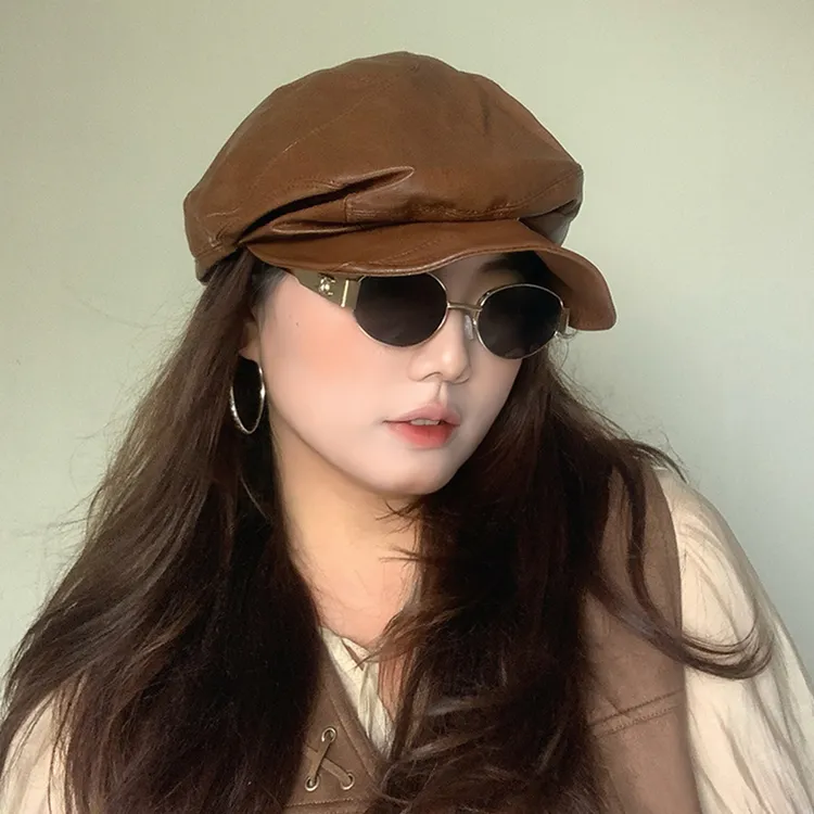 ［大头阿枝］大头围秋冬季软檐贝雷帽女皮质不规则褶皱纯色前进帽子