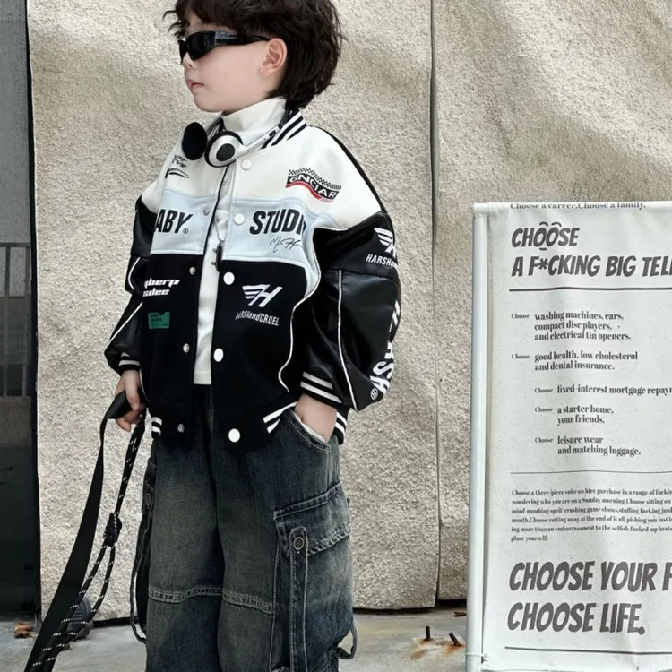 男童秋季新品拼色棒球服牛仔裤套装2025新款男女宝宝韩版宽松套TP