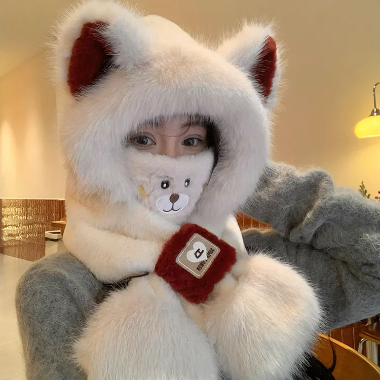 可爱小熊帽子围脖一体秋冬加绒保暖学生防寒骑行防风帽围巾护耳帽