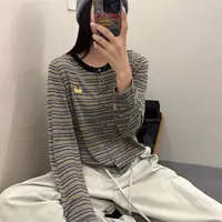 【丹姐家~藏青南瓜开衫~】圆领拼色条纹羊毛针织开衫