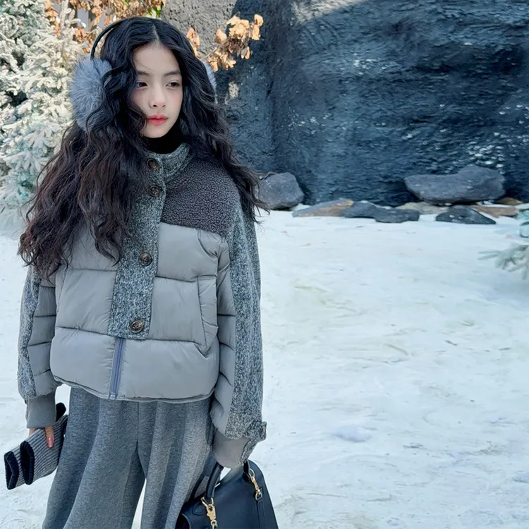 女童羊羔毛棉衣2025新款儿童冬装外套中大童女孩拼接毛毛棉服上衣
