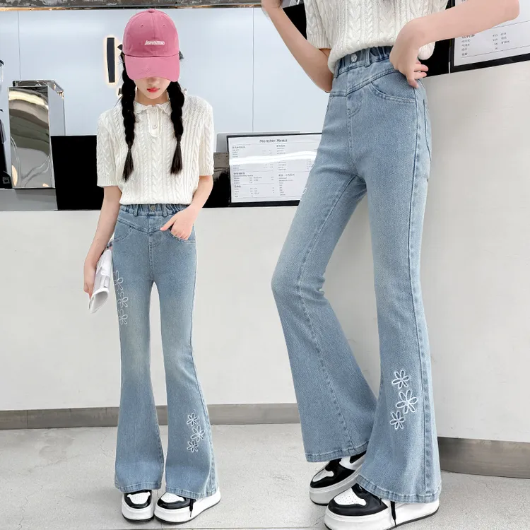 女童裤子2025新款春秋洋气儿童中大童韩版弹力春季薄款牛仔喇叭裤