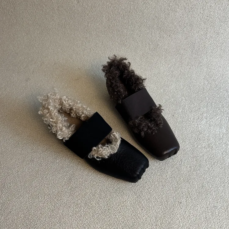 六也「氛围卷毛」5cm内增高韩系方头猪鼻通勤浅口芭蕾毛毛鞋L1312