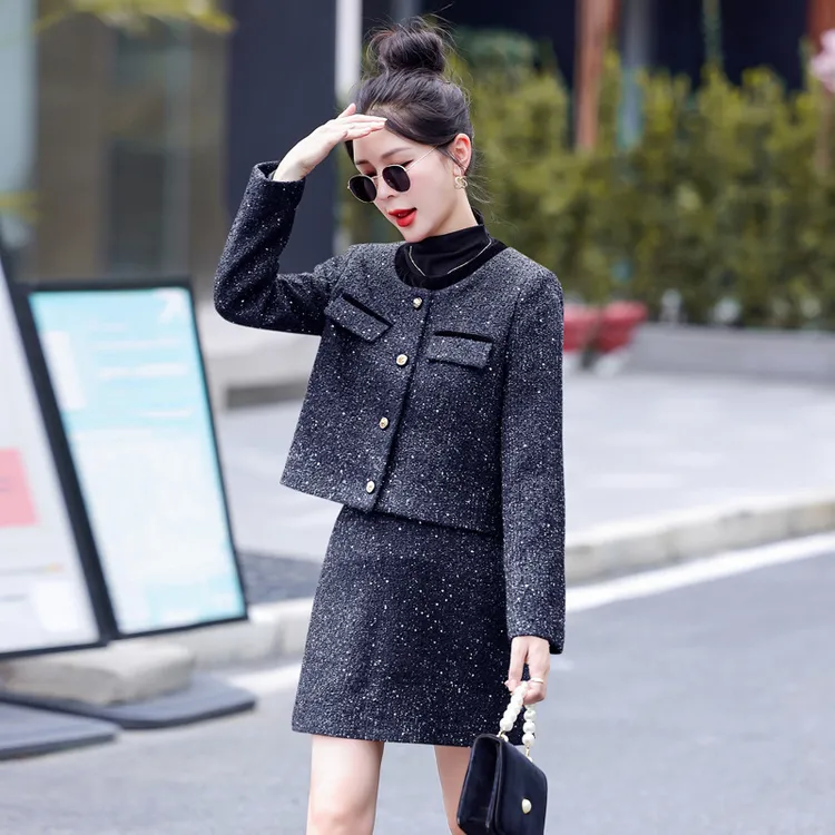 时尚休闲套装秋冬季新款气质小个子小香风外套半裙两件套裙