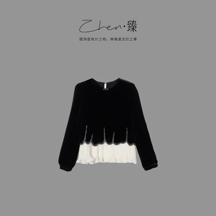 ZHEN.臻 法式设计师重工花瓣钉珠风琴褶高档真丝丝绒衬衫CS9441Z