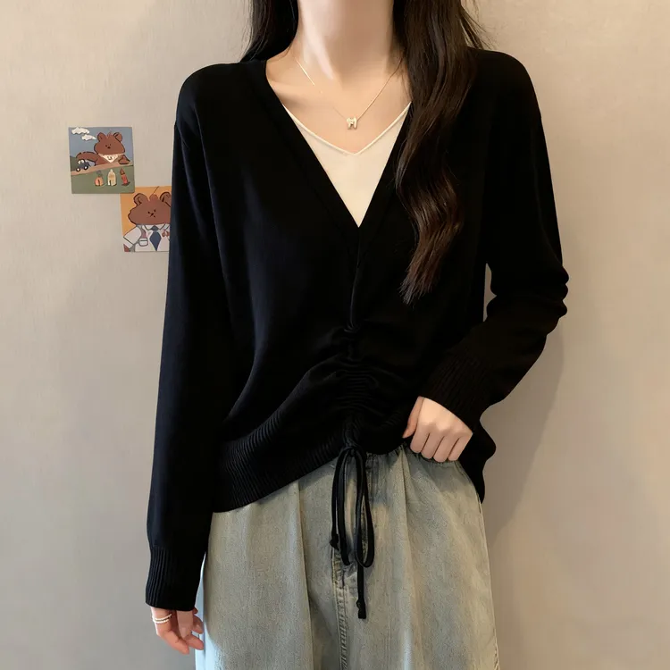 大码女装2025年新款胖妹妹显瘦长袖网红T恤假两件抽绳设计上衣潮