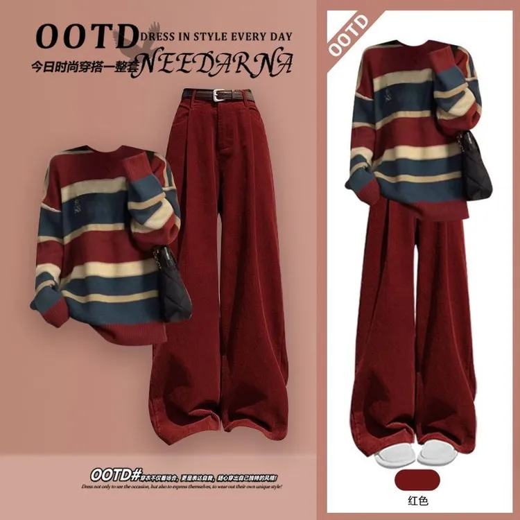 过年穿搭一整套新年战衣安可拉红色条纹针织毛衣百搭休闲裤两件套
