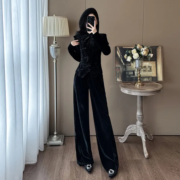 春秋穿搭一整套女装时尚减龄气质新中式国风阔腿裤休闲两件套装