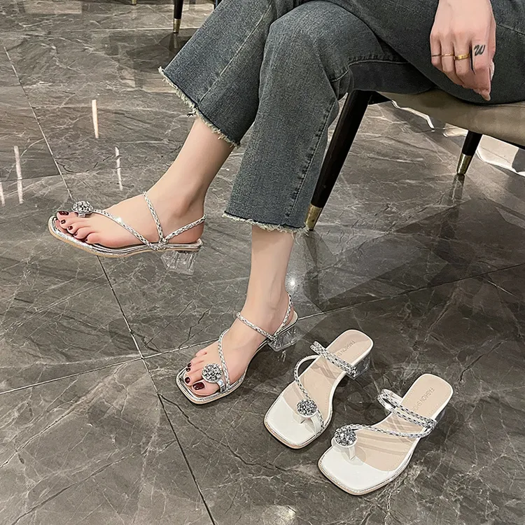 2025外穿仙女风法式女凉鞋配裙子夏季粗跟高跟新款凉拖鞋水钻水晶