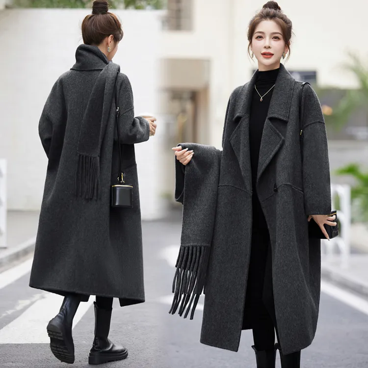双面羊绒大衣女中长款2025秋冬季新款高级感配围巾牛角扣毛呢外套
