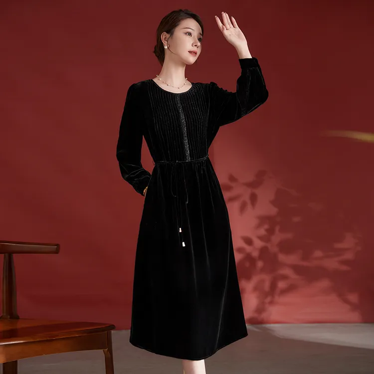 水墨佳人秋季新款桑蚕丝真丝丝绒连衣裙82498362