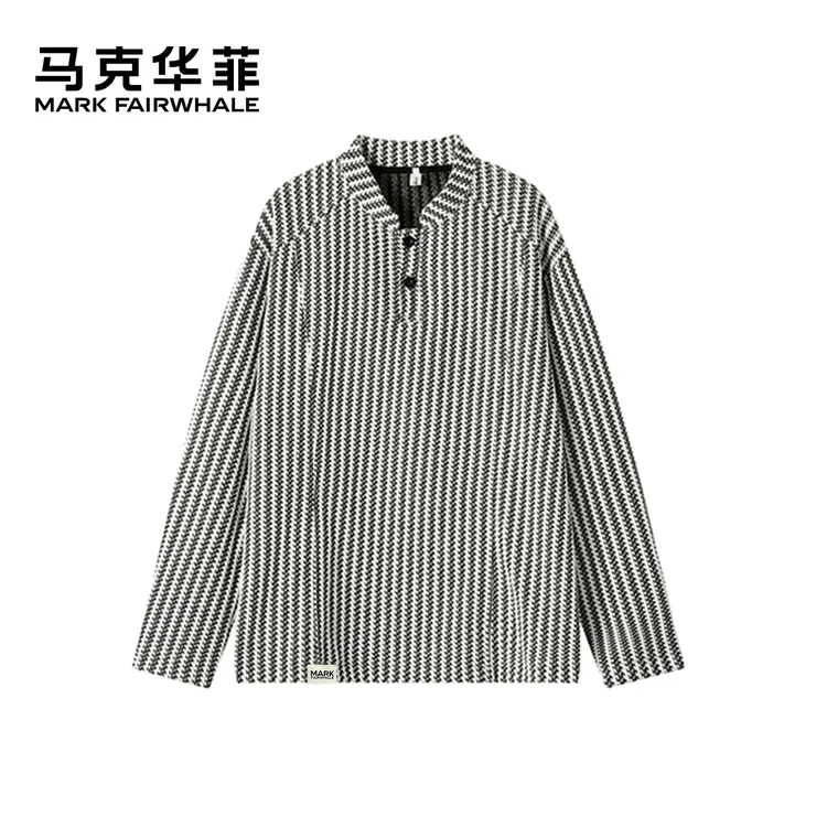 马克华菲新款百搭男女同款韩版秋冬设计感鱼骨纹亨利领长袖T恤男