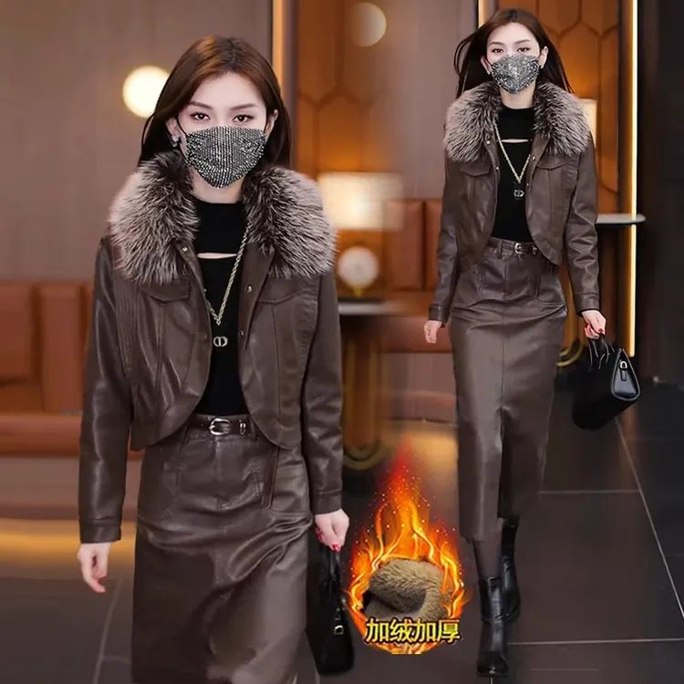 时尚皮裙套装女2024春季新款时髦洋气皮衣外套过膝半身裙两件套潮