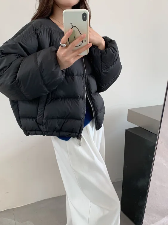 排骨款女2025新款冬季韩版圆领宽松小个子90白鸭绒面包服外套