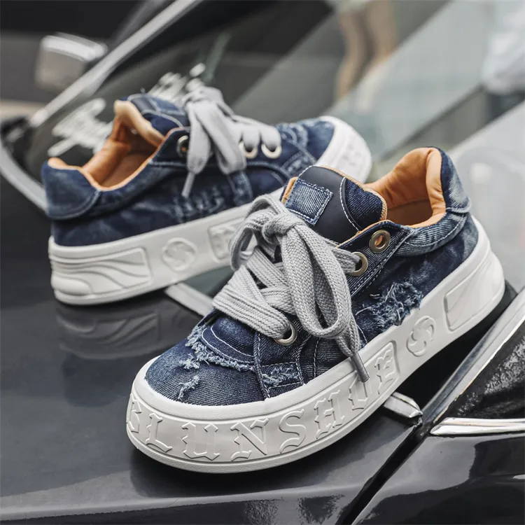 Cleanfit牛仔厚底增高面包鞋板鞋男士休闲时尚百搭韩版破碎风板鞋
