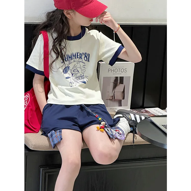 K28434拼色女童短袖T恤夏装儿童上衣2025新款大童休闲修身衣服潮t