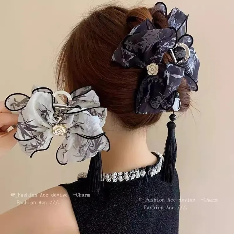 新中式蝴蝶结发夹女后脑勺黑色流苏飘带抓夹国风古风旗袍汉服头饰