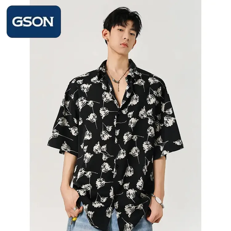 真维斯冰丝花衬衣男士夏季薄款宽松百搭休闲短袖潮流美式痞帅衬衫