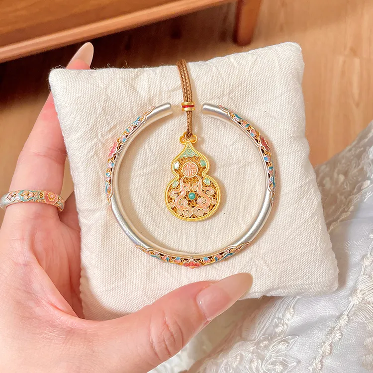 足银手镯 「梨花海棠」足银999.9海棠花珐琅彩手镯女描金开口银手镯