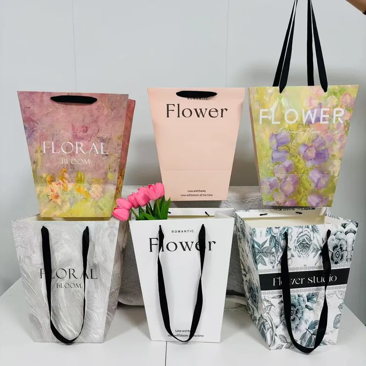 新款加大号梯形鲜花手提袋加长提绳生日节日花束礼袋油画风简约款