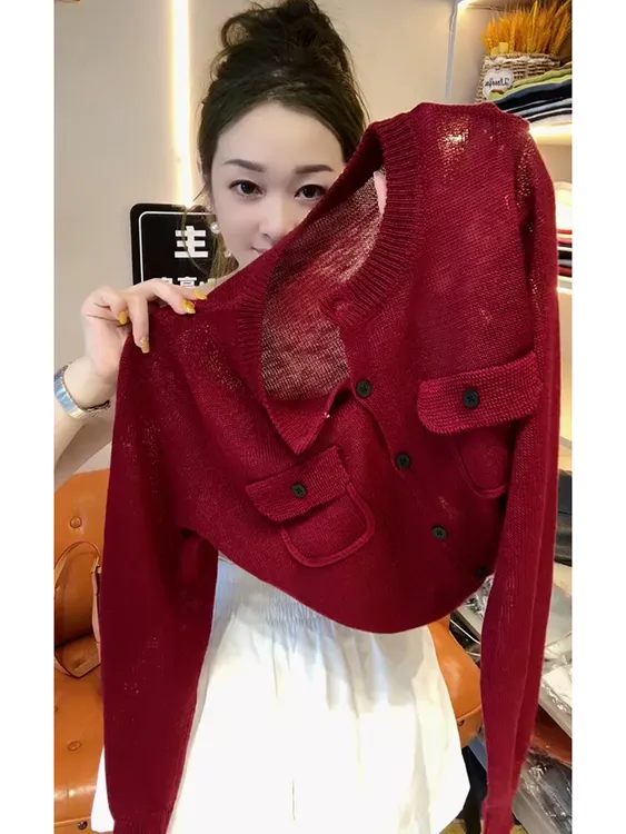 法式高级气质百搭红色上衣女2025夏季薄款防晒圆领长袖针织衫早秋