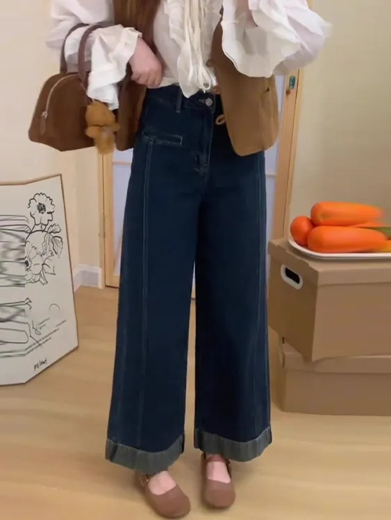 复古深蓝色显瘦直筒八分牛仔裤女2025新欧货高腰百搭减龄阔腿裤潮