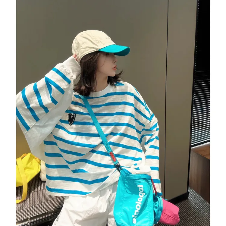 欧洲站2025秋季新款爱心撞色条纹上衣圆领宽松显瘦小众慵懒风上衣