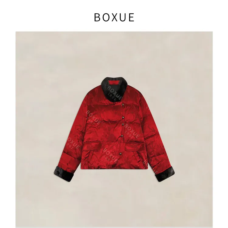 BOXUE“柔调”2025冬人.丝亚.麻丝绒水貂毛皮90白鹅绒#251223YR7899