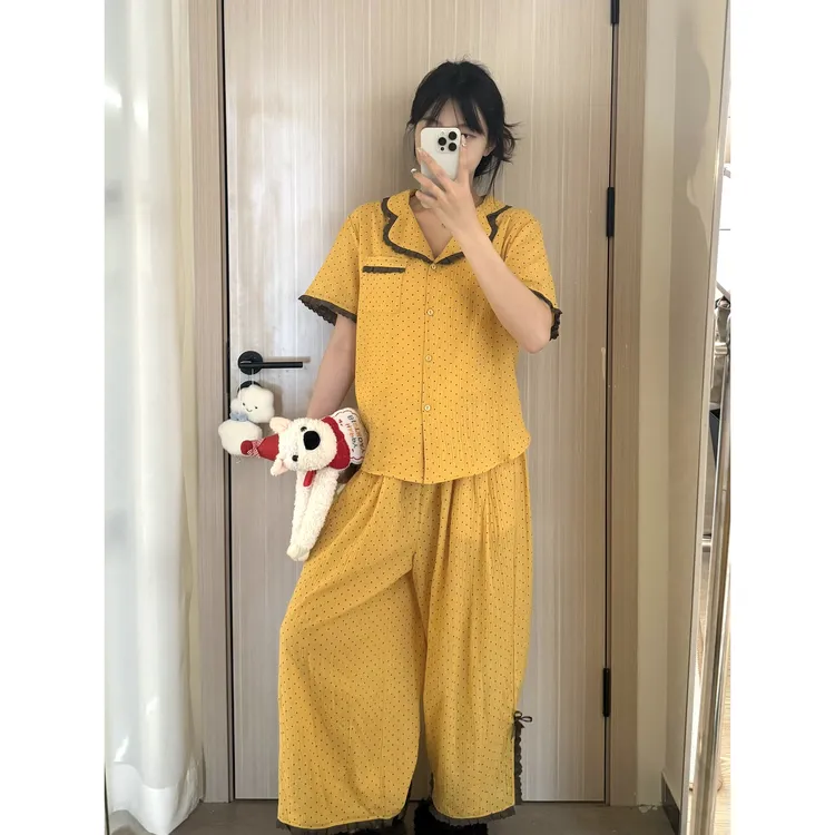 甜美可爱洋气波点睡衣女春夏季2025新款短袖长裤家居服套装