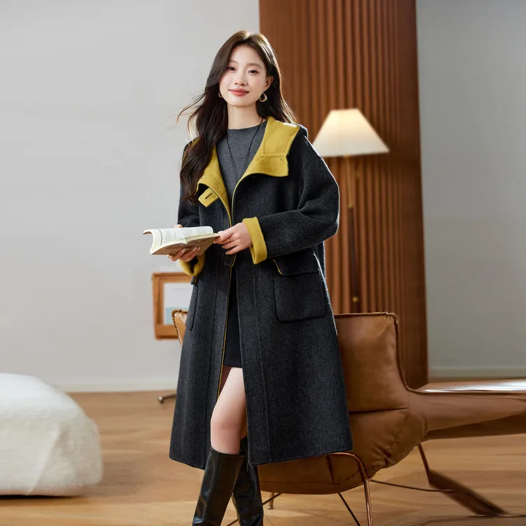 咖色超火的爆款双面呢羊毛大衣女2025秋冬季新款时尚连帽毛呢外套