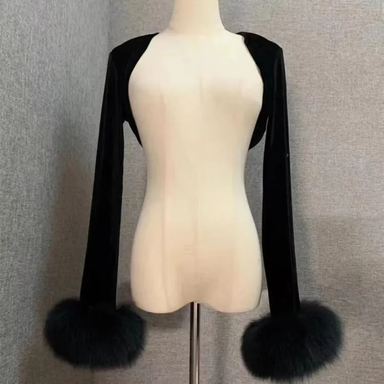 【毛毛丝绒坎肩】秋冬复古丝绒长袖开衫小披肩配旗袍吊带短款新中式