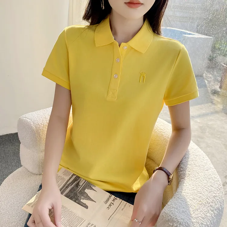 高档夏季新款有领短袖t恤女 翻领棒球服户外休闲polo衫棉黄色T恤