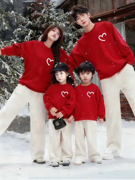 红色亲子装母子款衣服一家三口四口秋冬季2025新款高端卫衣外套装