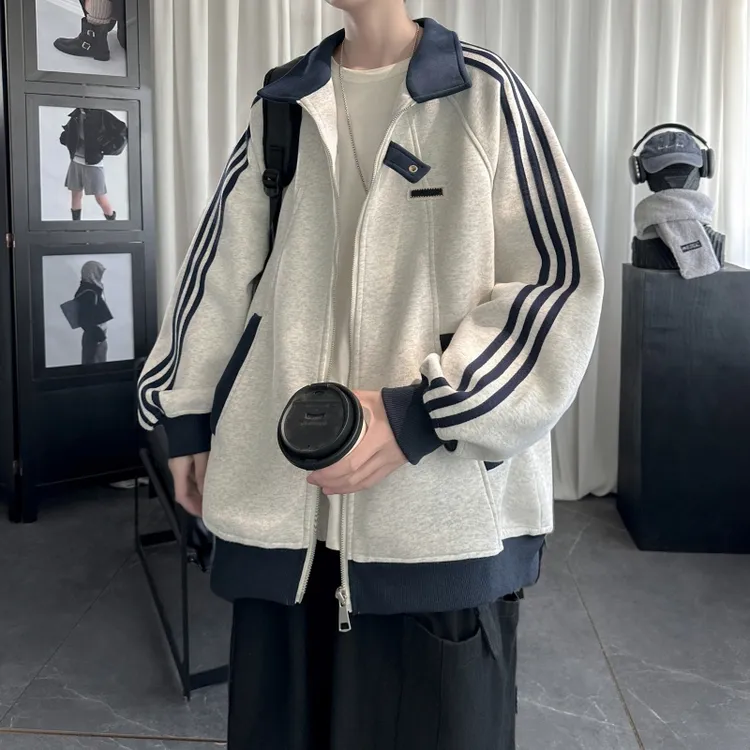 三条杠翻领卫衣男秋季新款宽松休闲运动外套潮牌大码拉链开衫上衣