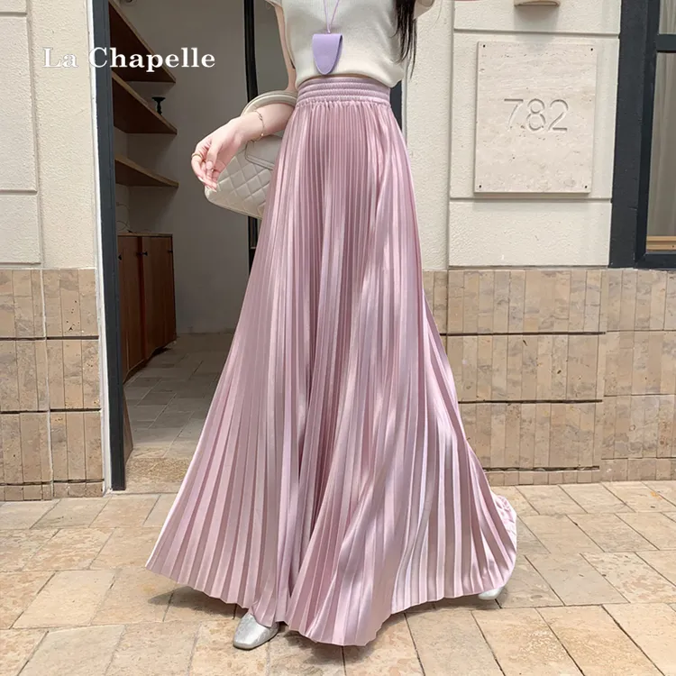 拉夏贝尔高级感水光缎面百褶半身裙女夏季高腰显瘦a字大摆伞裙子