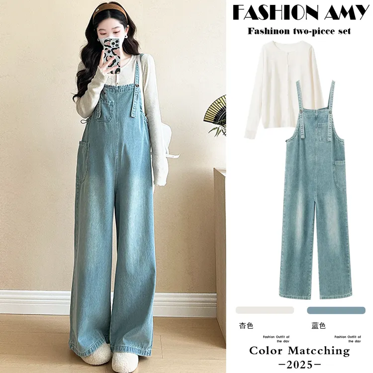 孕妇背带裤春装新款洋气时尚显瘦针织打底衫宽松休闲牛仔连体裤子